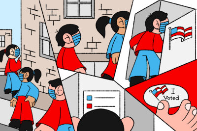 An illustration of people in red and blue clothing voting. The composition is fractured into five sections.