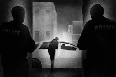 A black-and-white illustration of two police officers watching a woman lean against a car door, talking to the driver.