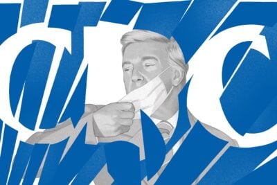 An illustration of President Donald Trump taking off his mask and shattering the logo for the Centers for Disease Control and Prevention.